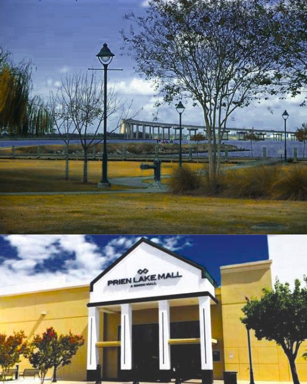 Famous landmarks of Prien Louisiana including Prien Lake Park, Prien Lake Mall, country club neighborhoods, and Prien Lake waterfront homes