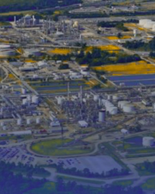 Famous landmarks of Westlake Louisiana including Sasol chemical complex, Westlake Chemical Corporation, I-10 bridge, and Calcasieu River west bank